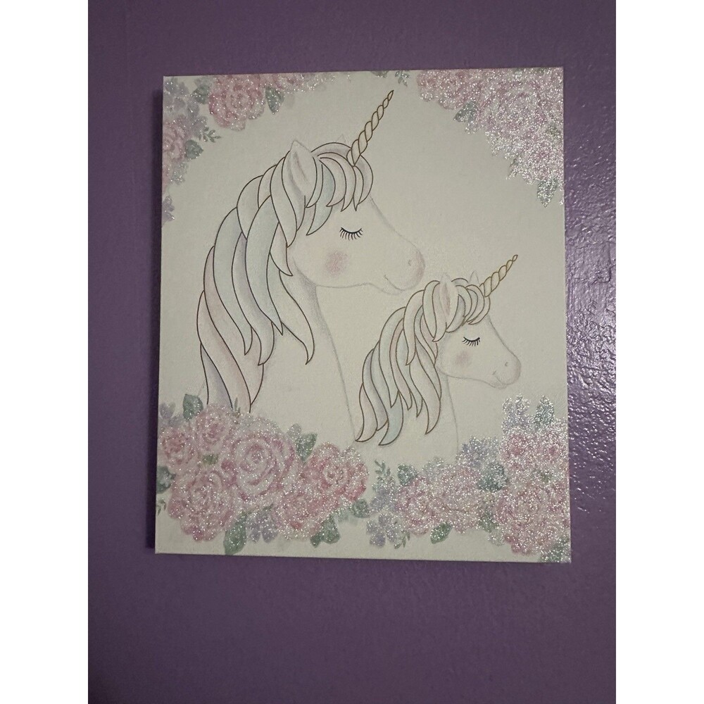 Unicorn Glitter Floral Canvas Wall Art, Whimsical Pastel, 20x16 in, Kids Room
